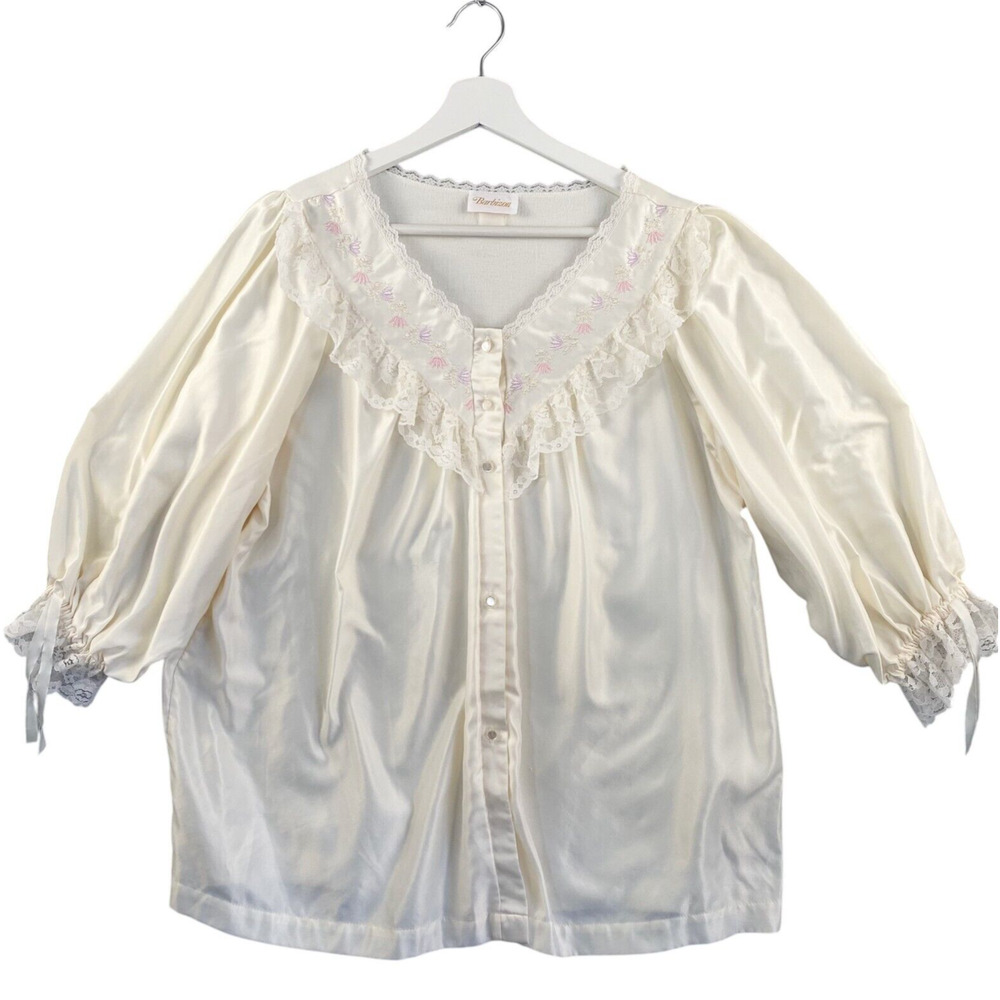 Barbizon Womens‎ Medium Cuddleskin Vintage Pajama Top Ivory Satin Embroidered